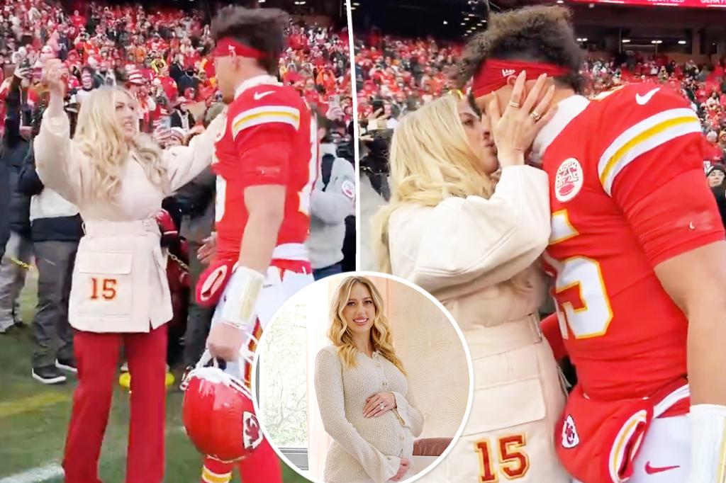 Brittany Mahomes gives husband Patrick a good luck kiss at Chiefs playoffs game