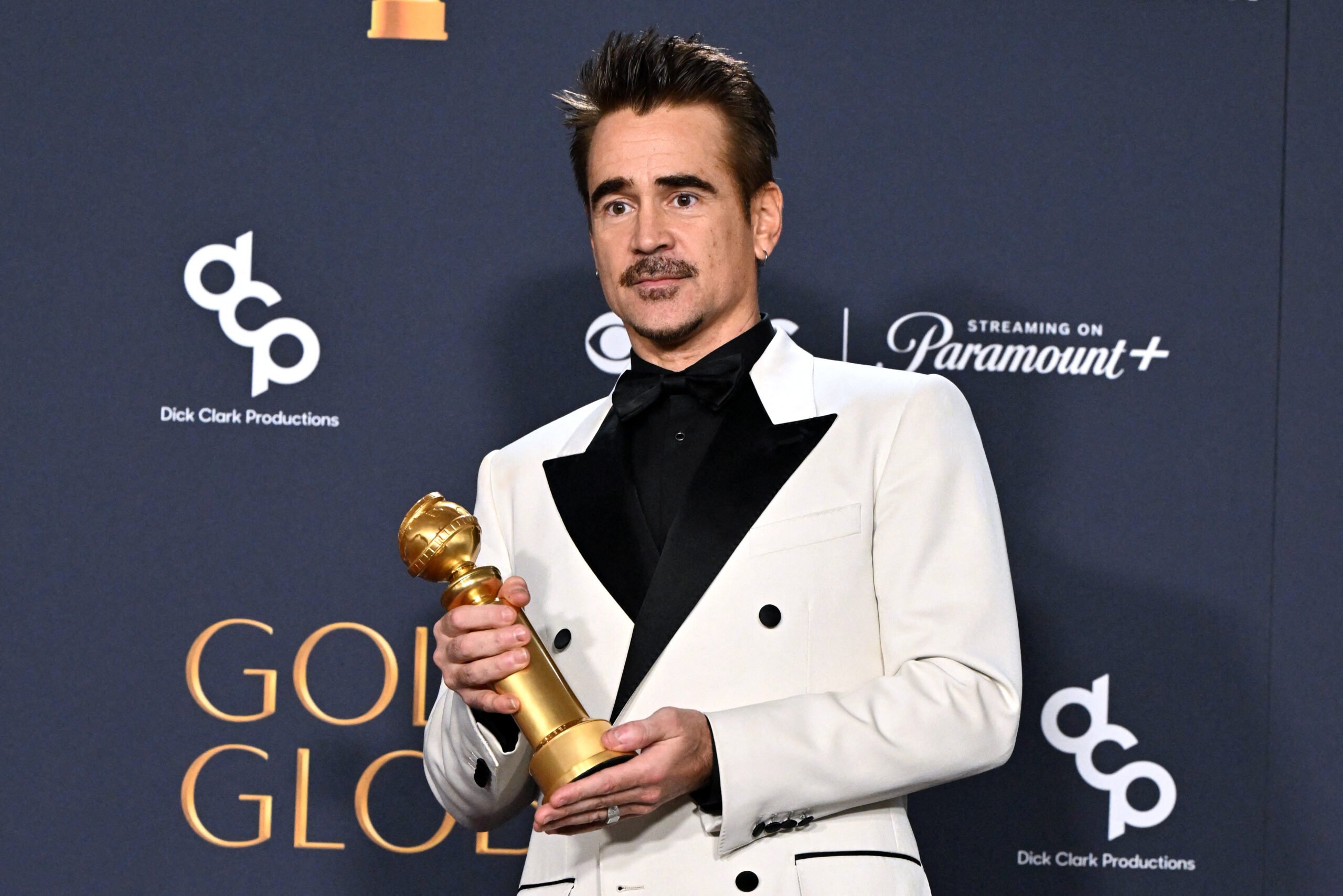 Irish actor Colin Farrell poses with the Best Performance by a Male Actor in a Limited Series, Anthology Series, or a Motion Picture Made for Television award for "The Penguin" in the press room during the 82nd annual Golden Globe Awards at the Beverly Hilton hotel in Beverly Hills, California, on January 5, 2025.
