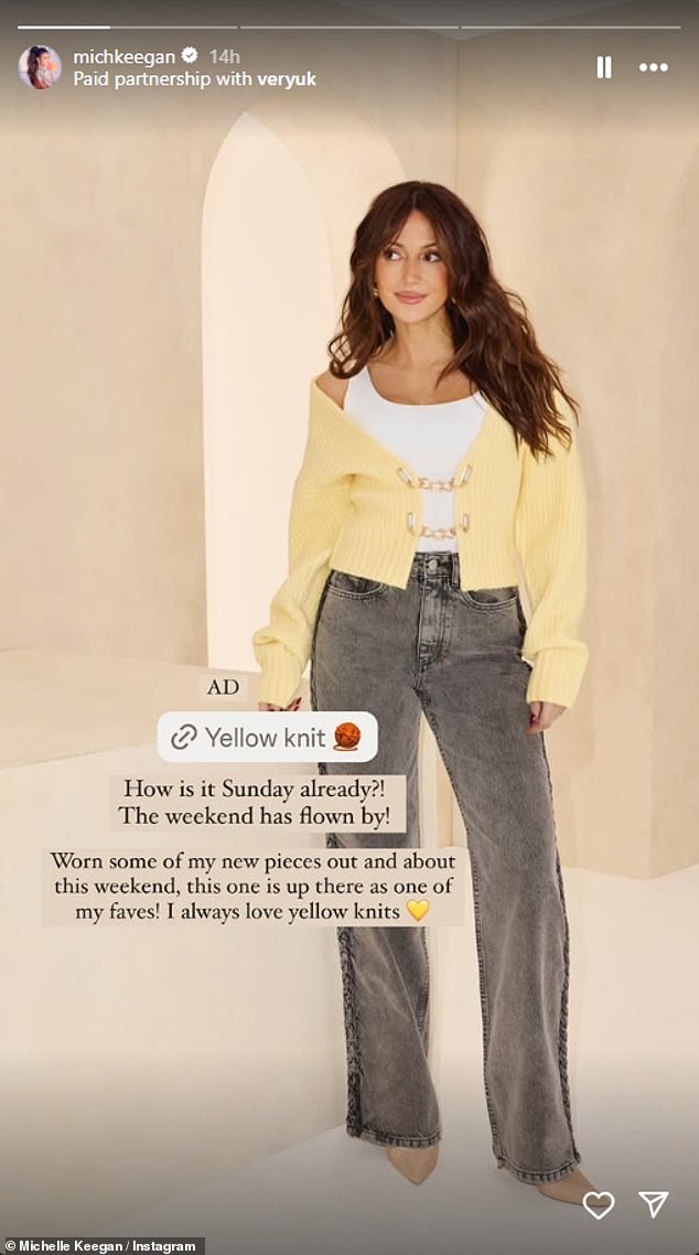 Michelle Keegan hid her blossoming baby bump under several stylish knits as she highlighted her favourite pieces from her latest Very collection on Sunday