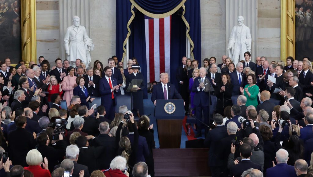 WASHINGTON, DC - JANUARY 20: U.S. President Donald Trump delivers his inaugural address during his inauguration ceremony in the U.S. Capitol Rotunda on January 20, 2025 in Washington, DC. Donald Trump takes office for his second term as the 47th President of the United States. (Photo by Fabrizio Bensch-Pool/Getty Images)