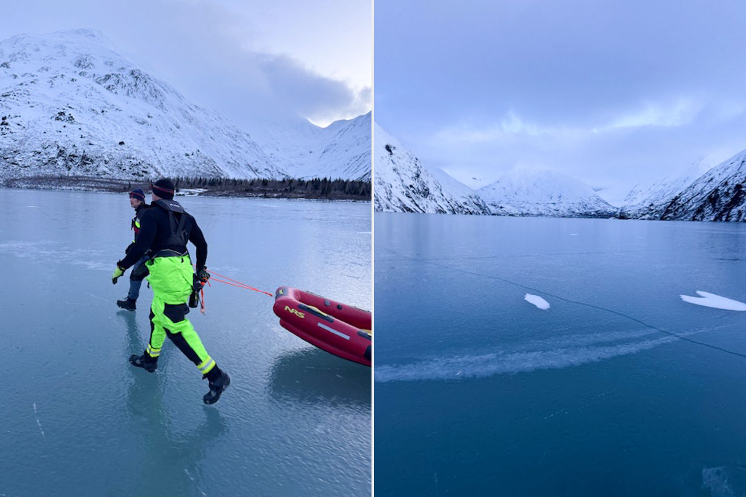 Falling Glacier Chunk Strands 2 Skaters on Alaska Lake