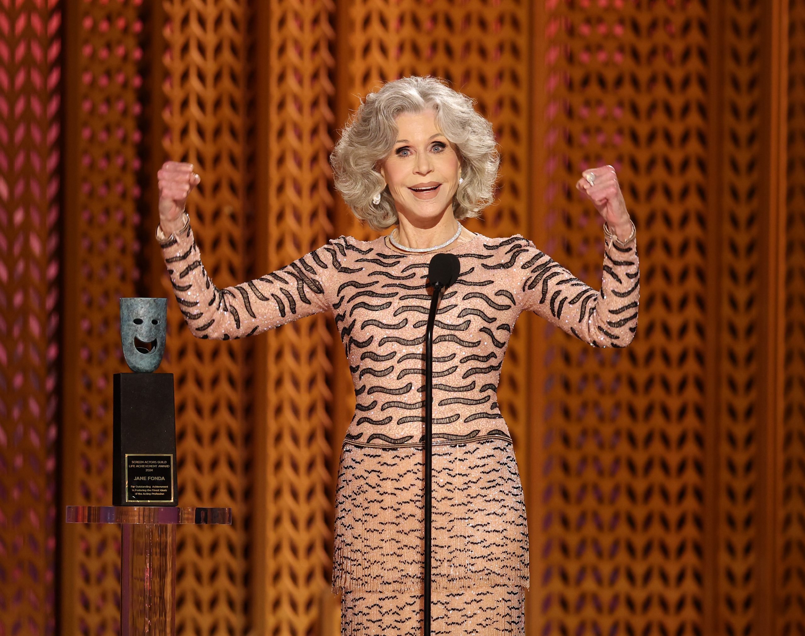 Honoree Jane Fonda accepts the SAG Life Achievement Award onstage during the 31st Annual Screen Actors Guild Awards at Shrine Auditorium and Expo Hall on February 23, 2025 in Los Angeles, California.