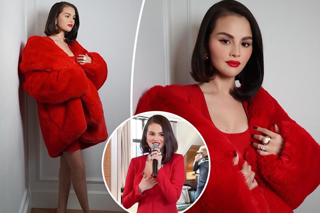 Selena Gomez goes red-hot in monochromatic outfit at album listening party