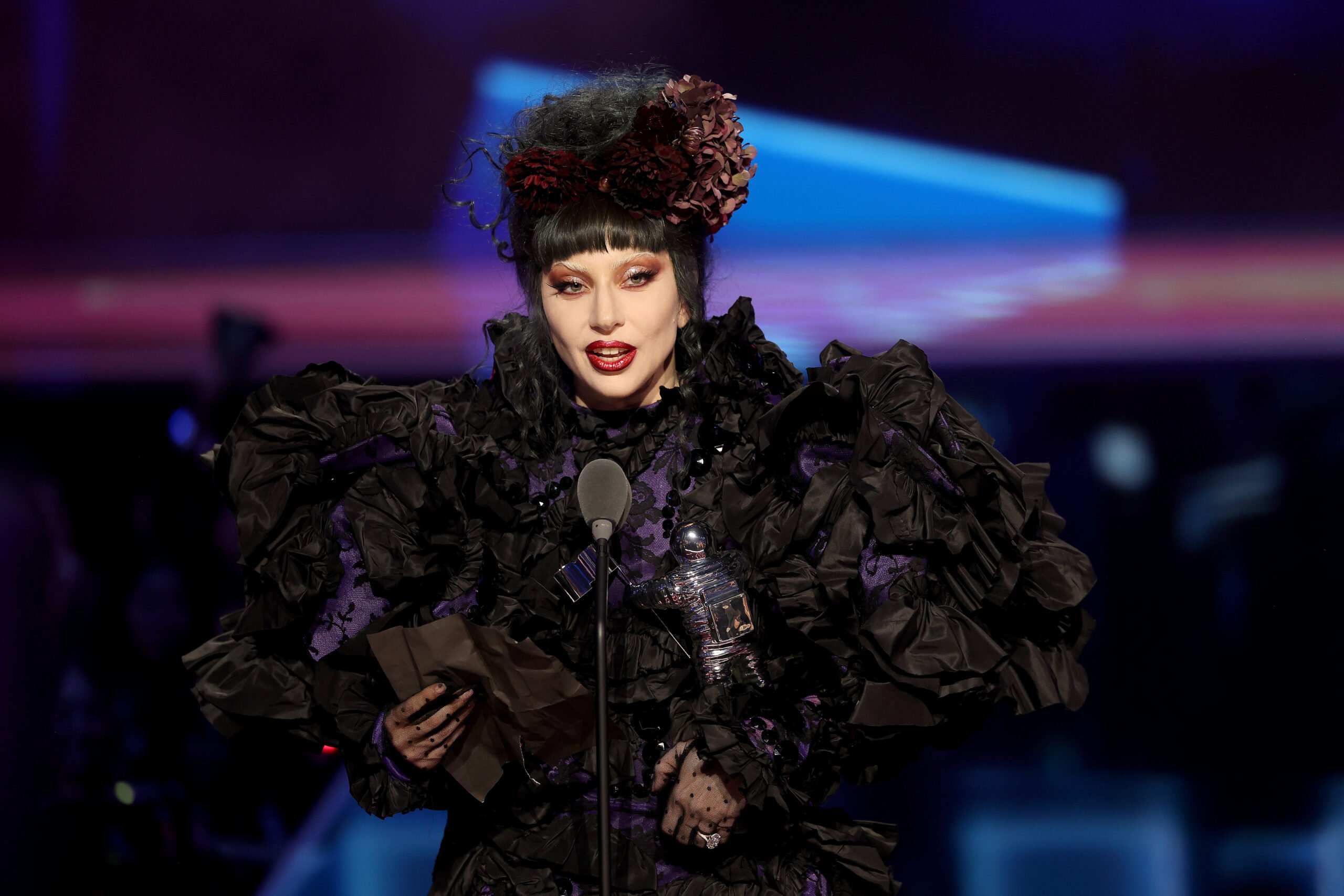 Lady Gaga accepts the âArtist of the Yearâ award onstage during the 2025 MTV Video Music Awards at UBS Arena on September 07, 2025 in Elmont, New York.
