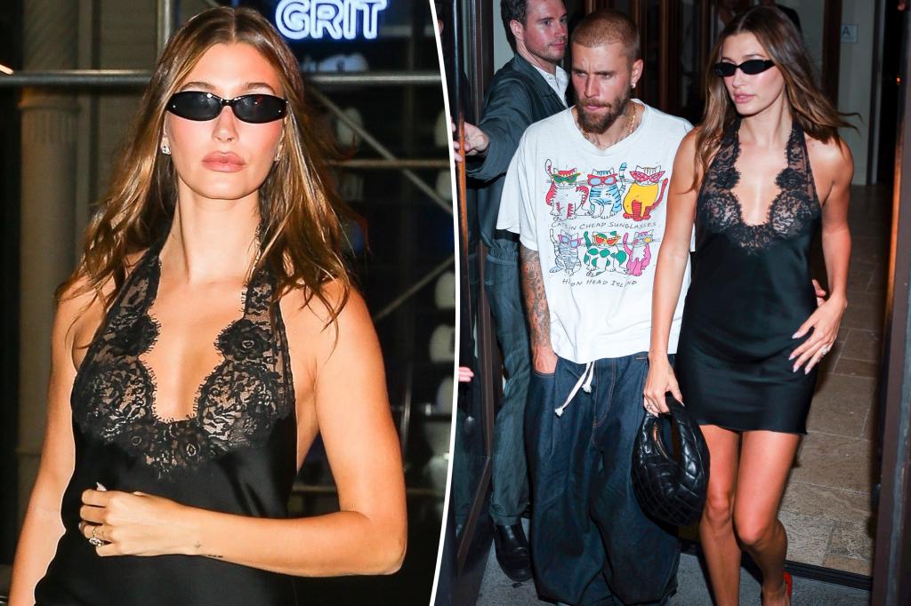 Hailey Bieber stuns in little black dress as she cozies up to Justin at 'SWAG II' release party