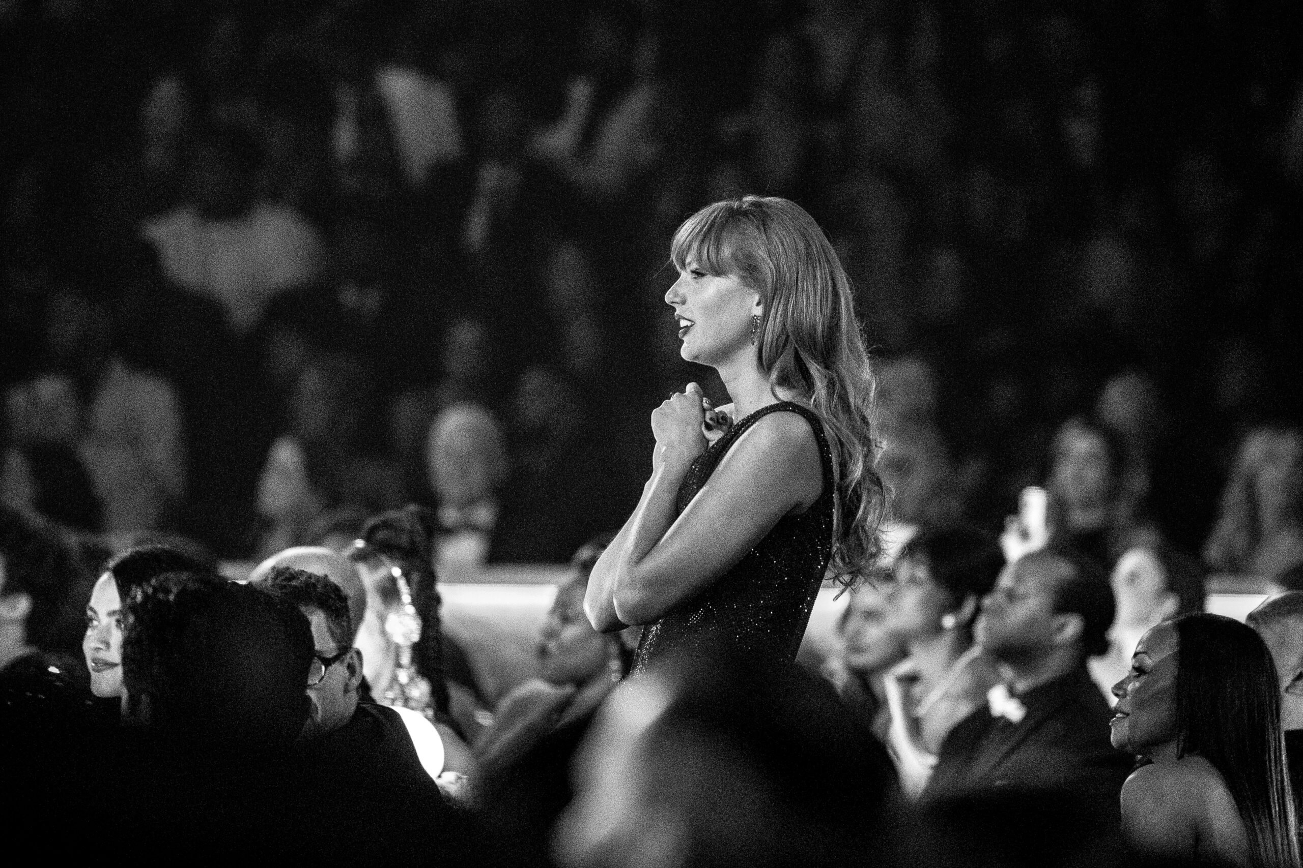 Image has been converted to black and white) Taylor Swift attends the 67th annual GRAMMY Awards  on February 02, 2025 in Los Angeles, California.