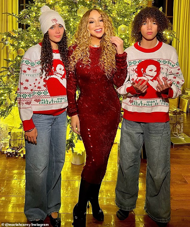 Mariah Carey, 56, posed for a rare holiday snap with her 14-year-old twins while celebrating Christmas together
