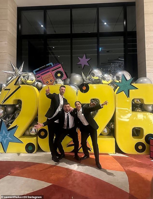 Sam Kerrand Kristie Mewis have shared a first look inside their glamorous wedding ceremony on New Year's Eve in Perth. Alongside her was rugby player Tyson Hodge and friend Josh Hodge (all pictured)