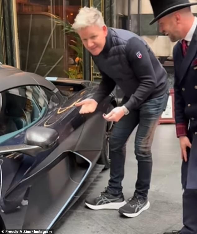 Gordon Ramsay was showcasing his lavish luxuries as he zipped through London with wife Tana in his new £1million Aston Martin Valhalla on Monday - yet struggled to open the door of the car