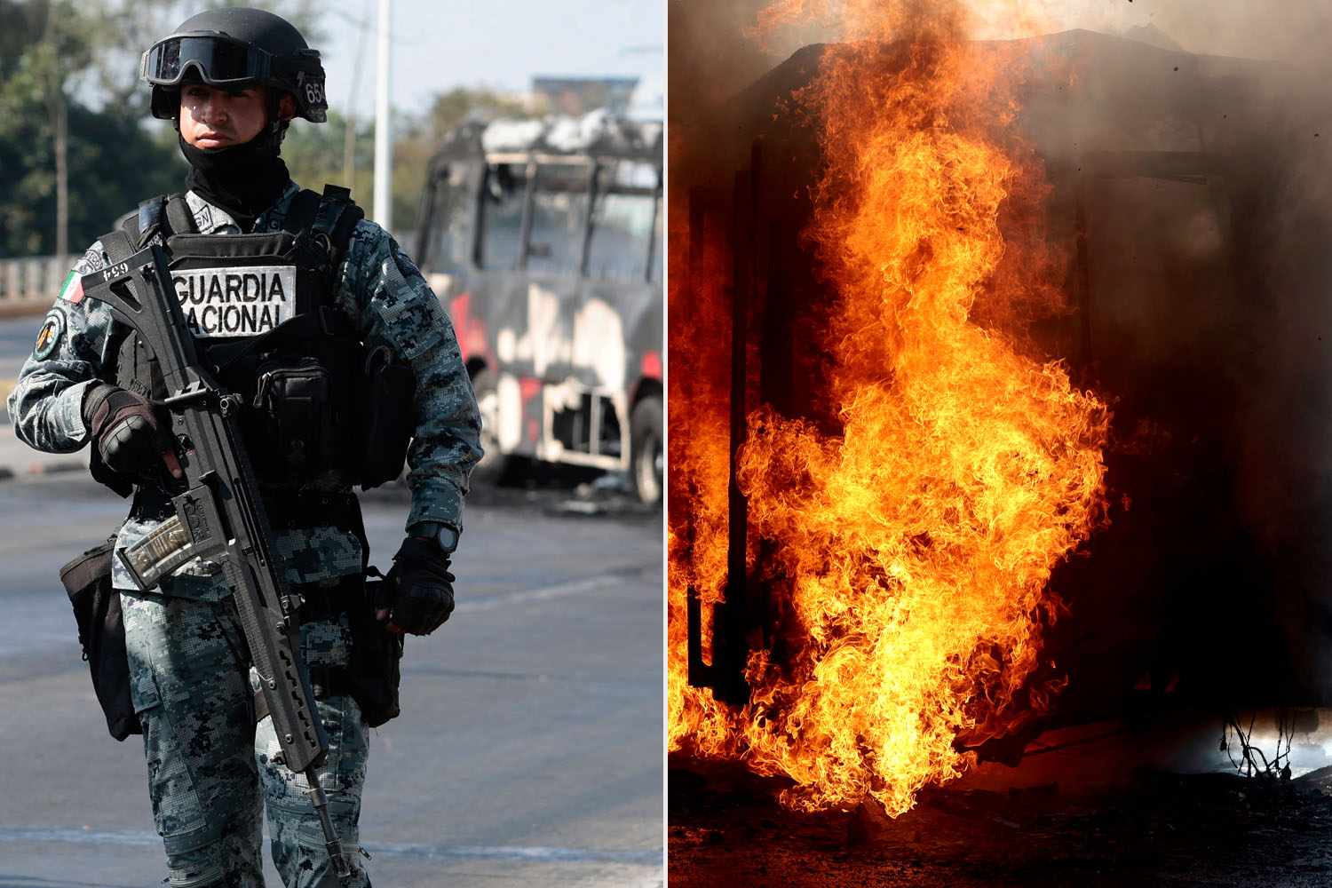 Mexican National Guardsmen; a vehicle burning in Mexico on Feb. 22, 2026 Ulises Ruiz / AFP via Getty (2)