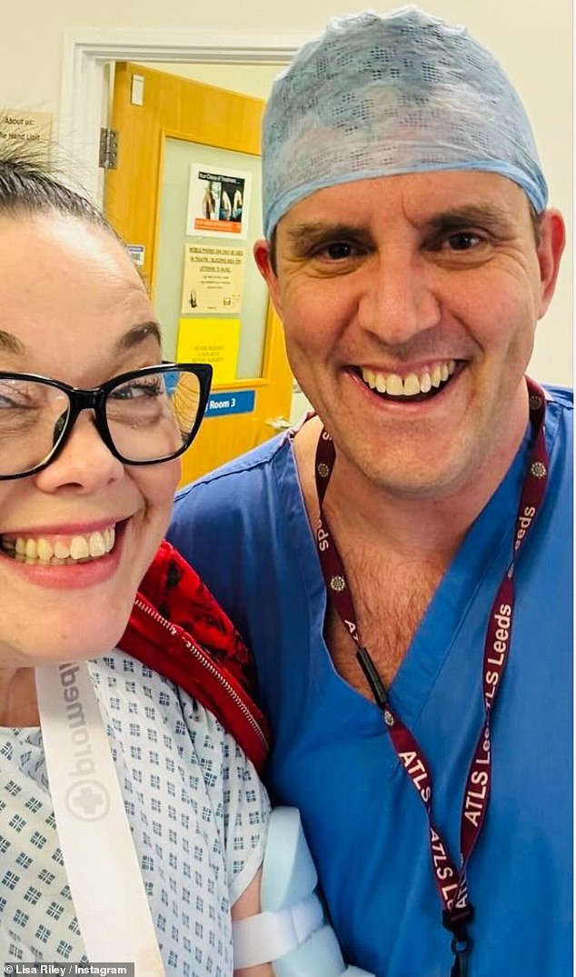 Lisa Riley was rushed to hospital for surgery after suffering 'massive damage' during a 'very bad fall', she revealed on Wednesday