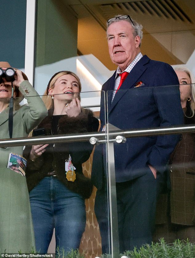 Georgia Toffolo chatted with Jeremy Clarkson and snapped selfies as she kept it casual in a pair of jeans for the last day of Cheltenham Festival on Friday