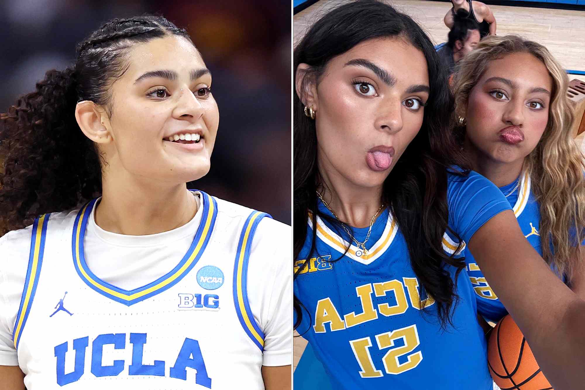 Lauren Betts #51 of the UCLA Bruins during the 2026 NCAA Women's Basketball Tournament on March 27, 2026 in Sacramento, California; Lauren Betts and her sister Sienna in September 2025.Credit: Harry How/Getty; Lauren Betts/Instagram