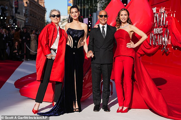 The cast of the Devil Wears Prada descended on London on Tuesday evening as they attended the European premiere for the hotly-anticipated sequel (L-R: Meryl Streep, Anne Hathaway, Stanley Tucci and Emily Blunt)