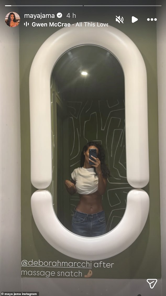 Maya Jama showcased her sculpted abs as she gave fans a glimpse of her 'after massage snatch' in a racy snap posted to Instagram on Friday