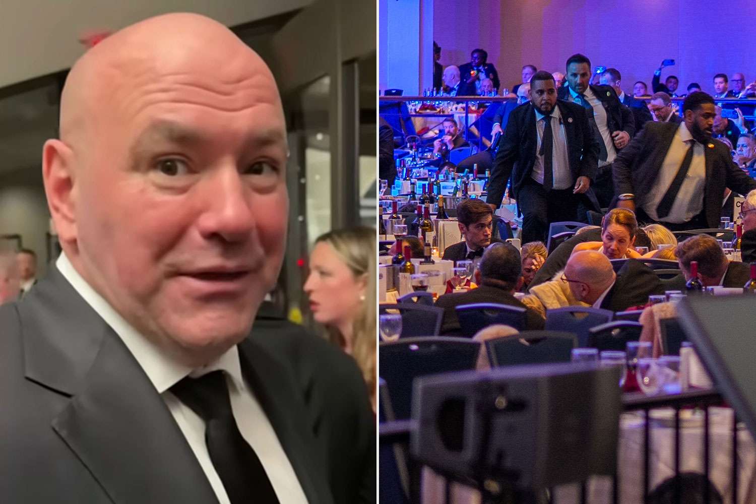 Dana White; Secret Service agents respond to incident at the White House Correspondents' Dinner on April 25, 2026Credit: usa today/Youtube;Andrew Harnik/Getty