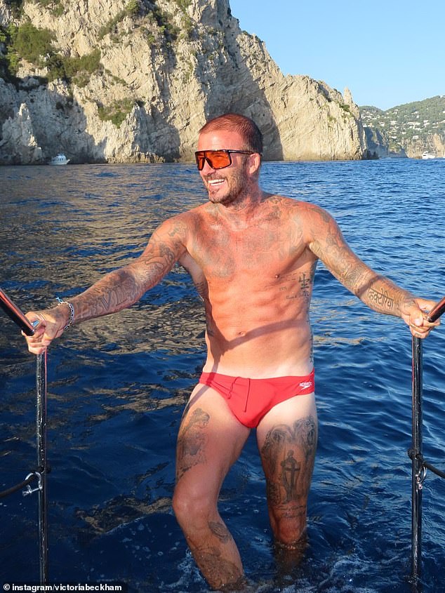 David Beckham showed off his chiselled physique in tiny Speedos as wife Victoria penned a gushing birthday tribute to mark the star's 51st