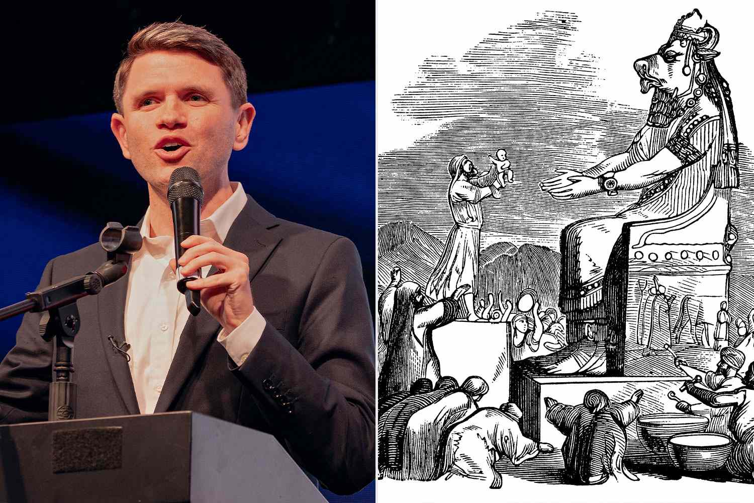 Texas Democratic Senate candidate James Talarico at a Houston rally on May 27. An 1800s engraving of the ancient diety Moloch.Credit: Danielle Villasana/Getty