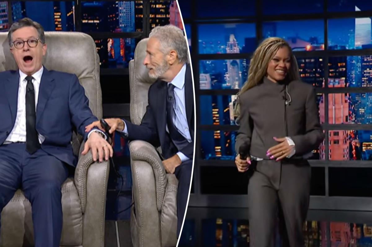 Jon Stewart surprises Stephen Colbert with a surprise serenade from Andra Day