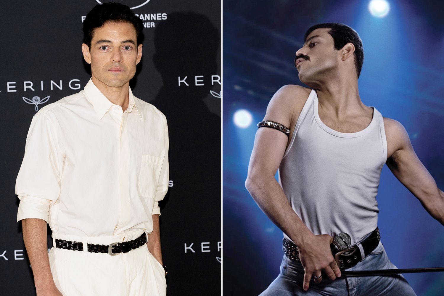A photo of Rami Malek at the Cannes Film Festival and him in 'Bohemian Rhapsody.'Credit: Anna KURTH / AFP via Getty; 20th Century Fox/Moviestore/Shutterstock