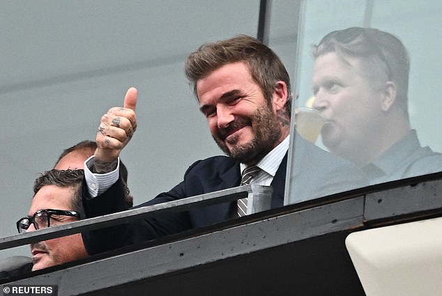 Celebs packed the New York-New Jersey Stadium as England took on Panama in their third World Cup game on Saturday - going on to land a 2-0 win - David Beckham gives a thumbs up