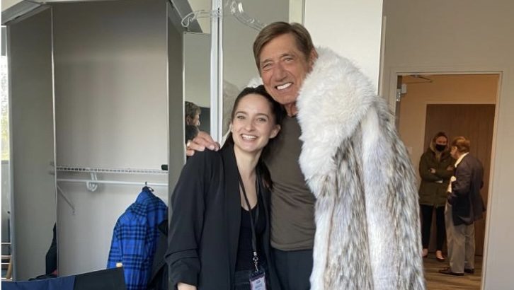 Sara Borgese with Joe Namath on set.