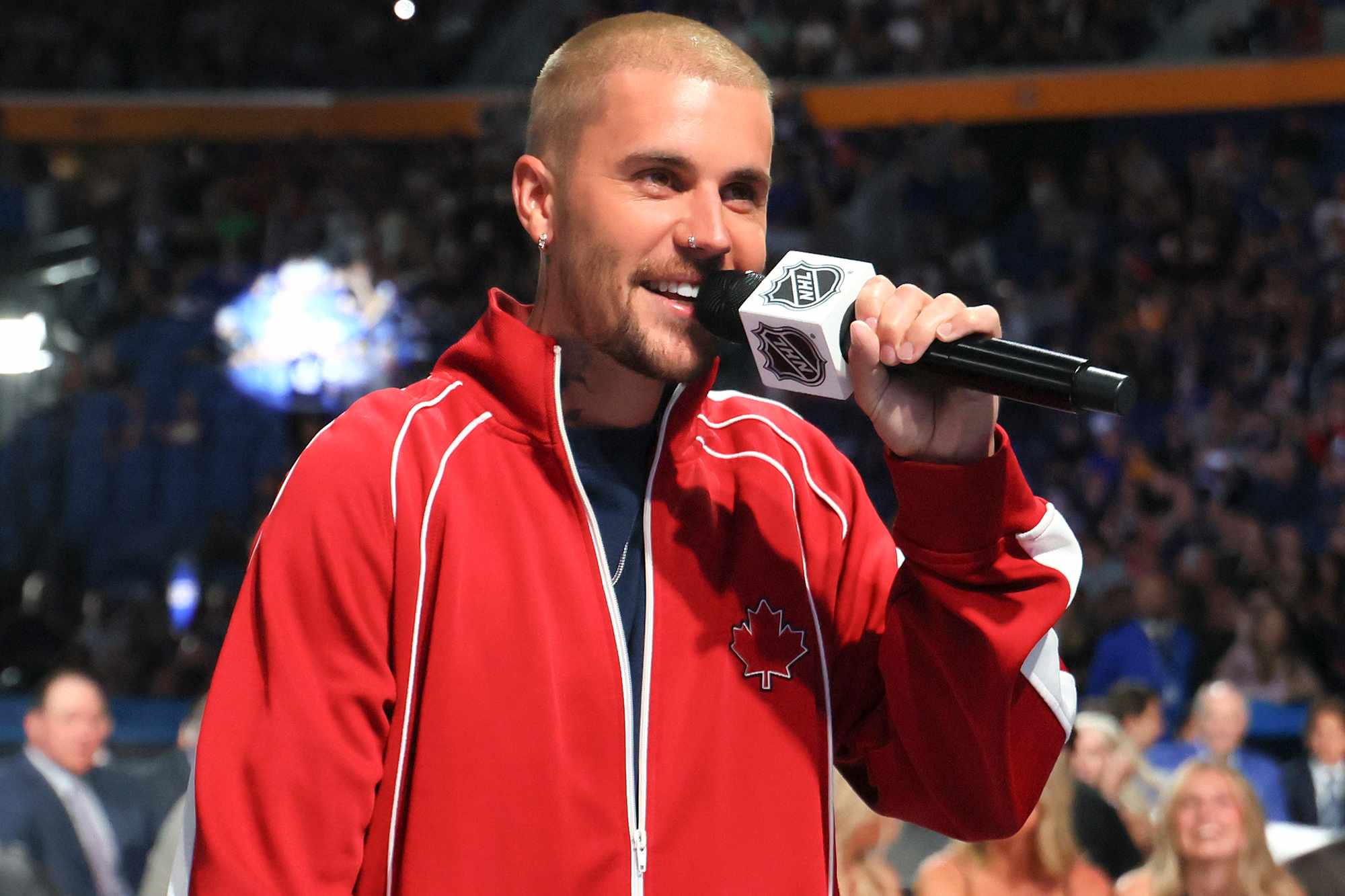 Justin Bieber of Canada looks on during day one of the 2026 NHL DraftCredit: Bruce Bennett/Gett