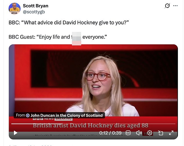 Moment BBC guest drops f-bomb live on TV during tribute to David Hockney after artist's death aged 88 forcing apology from presenter