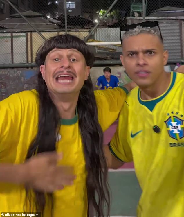 Internet star and singer Oliver Tree (L) was seen travelling through Brazil on the trip of a lifetime in bittersweet videos just days before he was tragically killed in a helicopter crash. Pictured with YouTube star Iae Break days before the deadly incident