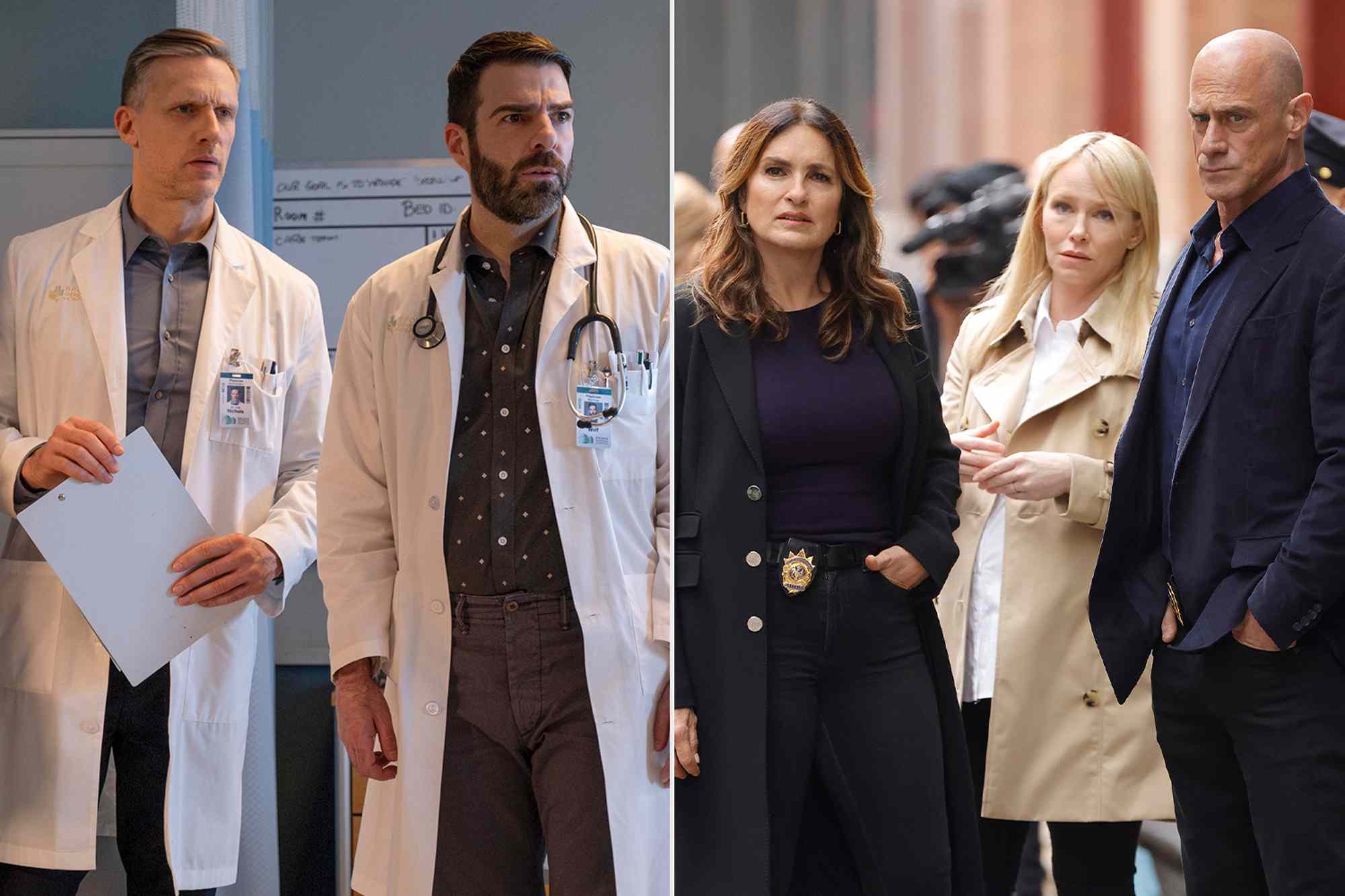 Teddy Sears and Zachary Quinto in 'Brilliant Minds'; Mariska Hargitay, Kelli Giddish and Christopher Meloni in 'Law & Order: Organized Crime'Credit: Rafy/NBC via Getty; Will Hart/NBC via Getty