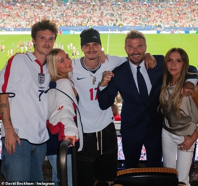 Brooklyn Beckham watches England's victorious World Cup clash remotely from NYC - as his entire family reunite in Miami for the game and share sweet snaps together
