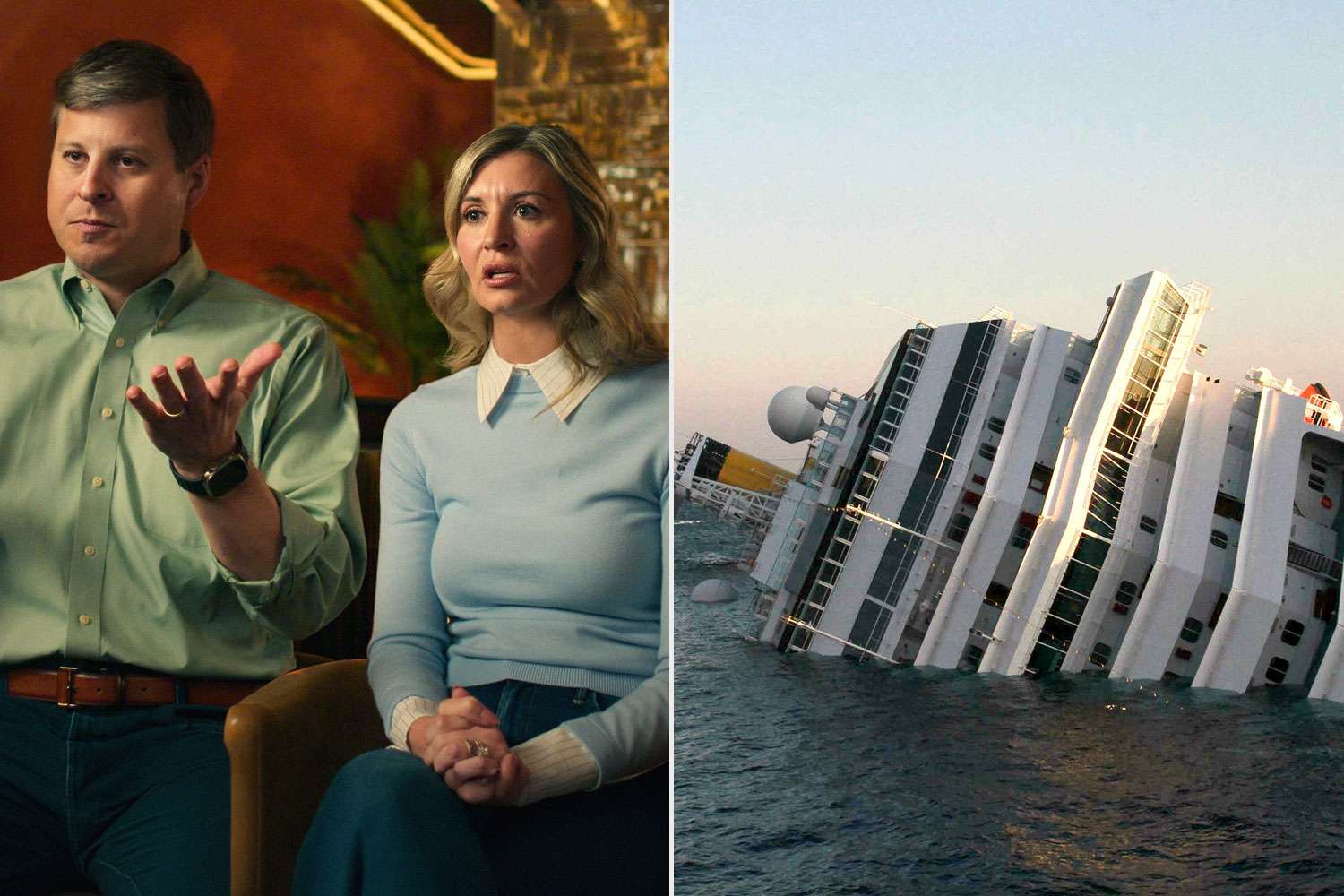 John and Meghan Scimone in ‘Shipwrecked: Nightmare at Sea’ ; The Costa Concordia on January 14, 2012Credit: Courtesy Netflix; STRINGER/AFP via Getty